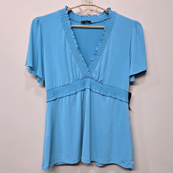 BCBG Paris Tops - BCBG Paris Babydoll Shirt Top Women XL Blue Ruffle Empire Waist Ruffle Retro Y2K
